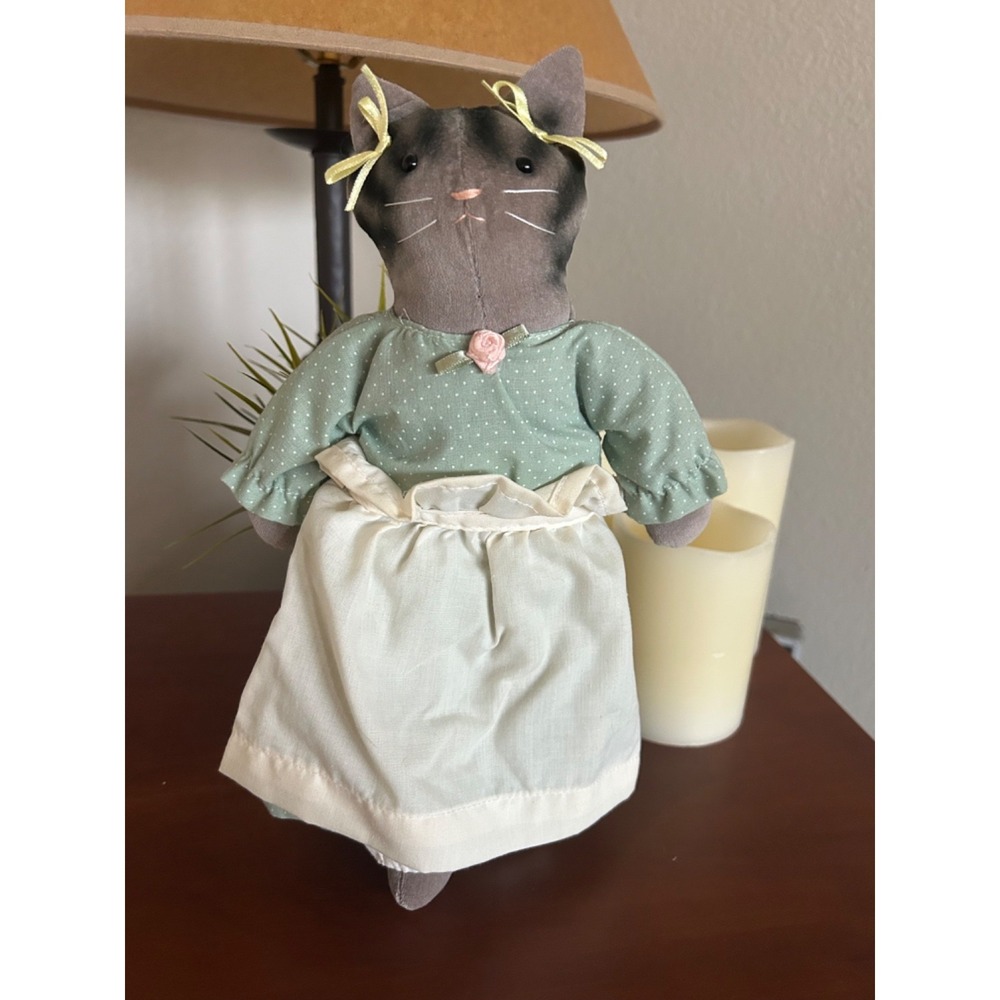 Hallmark Captivating Cats Gray Cat Cloth Doll Green Overalls Straw Hat 11" Plush - Picture 2 of 12